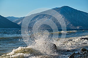 Storm waves of a mountain lake