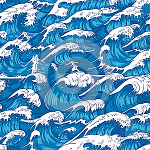 Storm waves seamless pattern. Raging ocean water, sea wave and vintage japanese storms print vector illustration