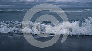 Storm waves splash beach landscape background. Ocean water crashing in nature.