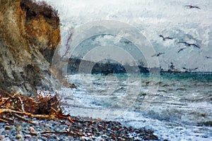 Storm weather at baltic sea coast at darss peninsula in germany. oil illustration