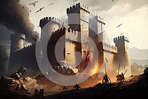 storming a castle with siege weaponry and battering rams, medieval warfare in its brutal glory