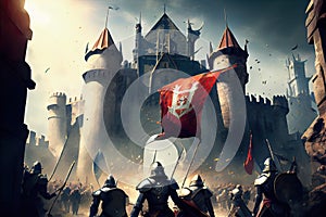 storming of a medieval castle by an army of knights, with banners and armor shining in the sunlight