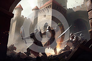 storming a medieval castle, with the attackers scaling its walls and fighting hand-to-hand