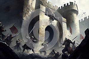 storming a medieval castle, with the attackers scaling its walls and fighting hand-to-hand