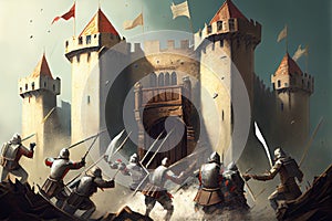storming a medieval castle, with the attackers scaling its walls and fighting hand-to-hand