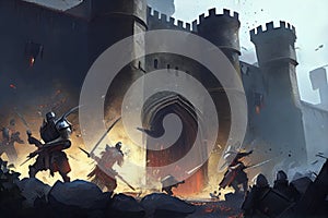 storming a medieval fortress, with attackers scaling the walls and pouring over the battlements