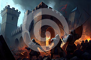 storming a medieval fortress, with the attackers using battering rams and siege towers to break down the walls