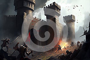 storming a medieval fortress, with the attackers using battering rams and siege towers to break down the walls