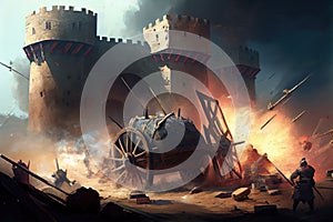 storming a medieval fortress with siege engines, such as stone throwers and battering rams photo