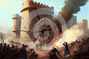 storming a medieval fortress with siege engines, such as stone throwers and battering rams photo