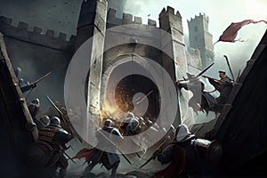 storming a medieval fortress, with view of the attackers scaling the walls and breaking open the gates