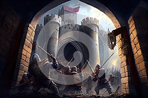 storming a medieval fortress, with view of the attackers scaling the walls and breaking open the gates