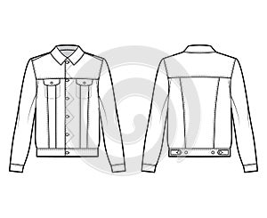 Stormrider denim jacket technical fashion illustration with flap pockets, button closure, classic collar, long sleeves