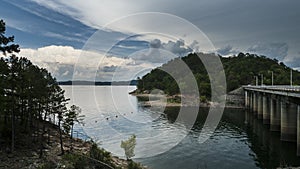 Storms approaching a beautiful lake with hills, Dam