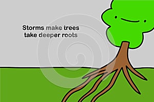 Storms makes trees take deeper roots hand drawn vector illustration in cartoon comic style happy plant text phrase