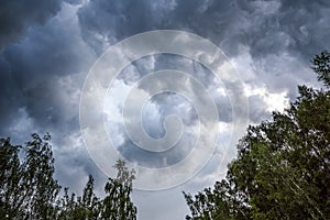 Stormy black clouds in the sky before a storm, thunderstorm and rain with a strong wind.