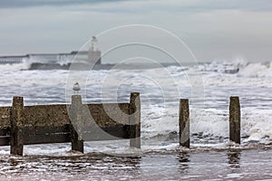 A stormy and blustery day at Blyth beach in Northumberland, as the waves batter the coast