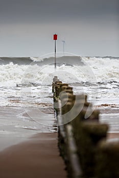 A stormy and blustery day at Blyth beach in Northumberland, as the waves batter the coast