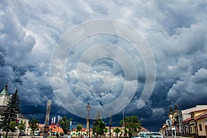 Stormy clouds over the city. Beautiful cityscape. Background.