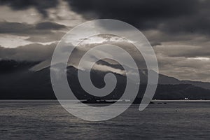 Stormy and cloudy evening at the coast of Ilhabela Sao Paulo Brazil.