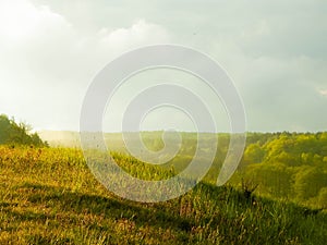 Stormy couds and sunset sky over fields