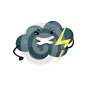 Stormy dark cloud with yellow flash in hand. Emoji with angry face. Weather and sky element. Cartoon flat vector design