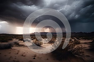 stormy desert landscape with lightning and rolling thunder