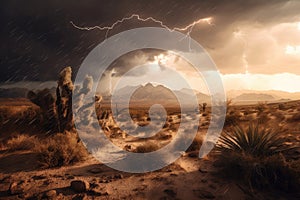 stormy desert with lightning and thunderbolts photo