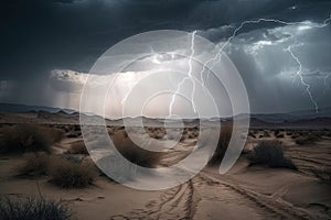 stormy desert with lightning and thunderbolts photo