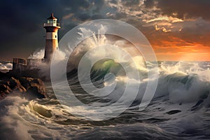 stormy giant waves crash against lighthouse late afternoon