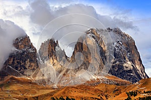 Stormy image of Sassolungo Group, South Tirol, Dolomites Mountains
