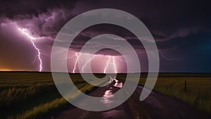 stormy landscape, reflecting the bright white lightning that strikes the dark purple sky.