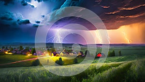 Thunderstorm with lightning bolts in the sky. AI generated