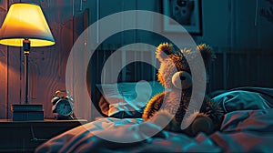 a stormy late night, where a bedside alarm clock sits ominously beside a terrifying bear doll, evoking suspenseful photo