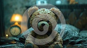 a stormy late night, where a bedside alarm clock sits ominously beside a terrifying bear doll, evoking suspenseful photo