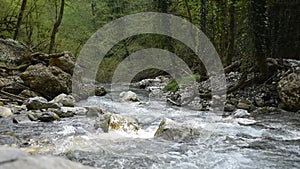 A stormy mountain river blue water flows among the jungle forest