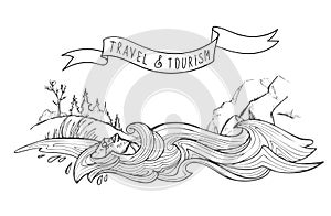 Stormy mountain river, mountains and a hill overgrown with grass and forest. Hand drawn illustration converted to vector