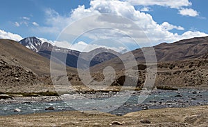 Stormy mountain river in valley in the foothills of the Fann mountains. Landscape