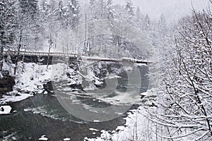 Stormy mountain river in winter