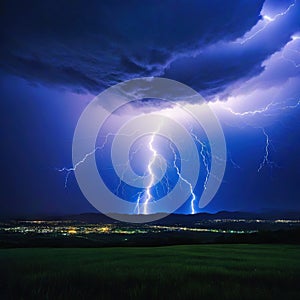 stormy night with lightning bolts against a dark blue background