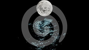 Stormy ocean at night with dramatic sky and the big moon. Design. Animated natural background with the sea waves and a