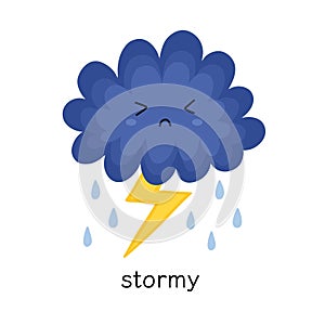 Stormy print for kids with a cute cloud and lightning. Learning weather flashcard