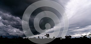 Stormy rain clouds background. Dark sky above field.selection focus.