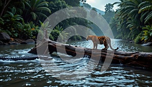 a stormy rainforest river where anacondas move silently under the surface while jaguars step cautiously across a fallen