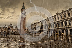 Stormy and rainy day over St. Mark`s Square, Venice. Italy