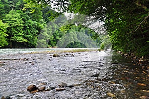 Stormy river Malaya Laba at the foot of the Caucasus Mountains