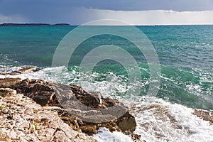 Stormy rocky beach in Istria, Croatia.