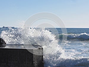 Stormy sea along Tuscany coastline in Livorno, Italy