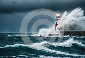 A stormy sea with a ghostly lighthouse.