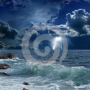 Stormy sea, lightnings